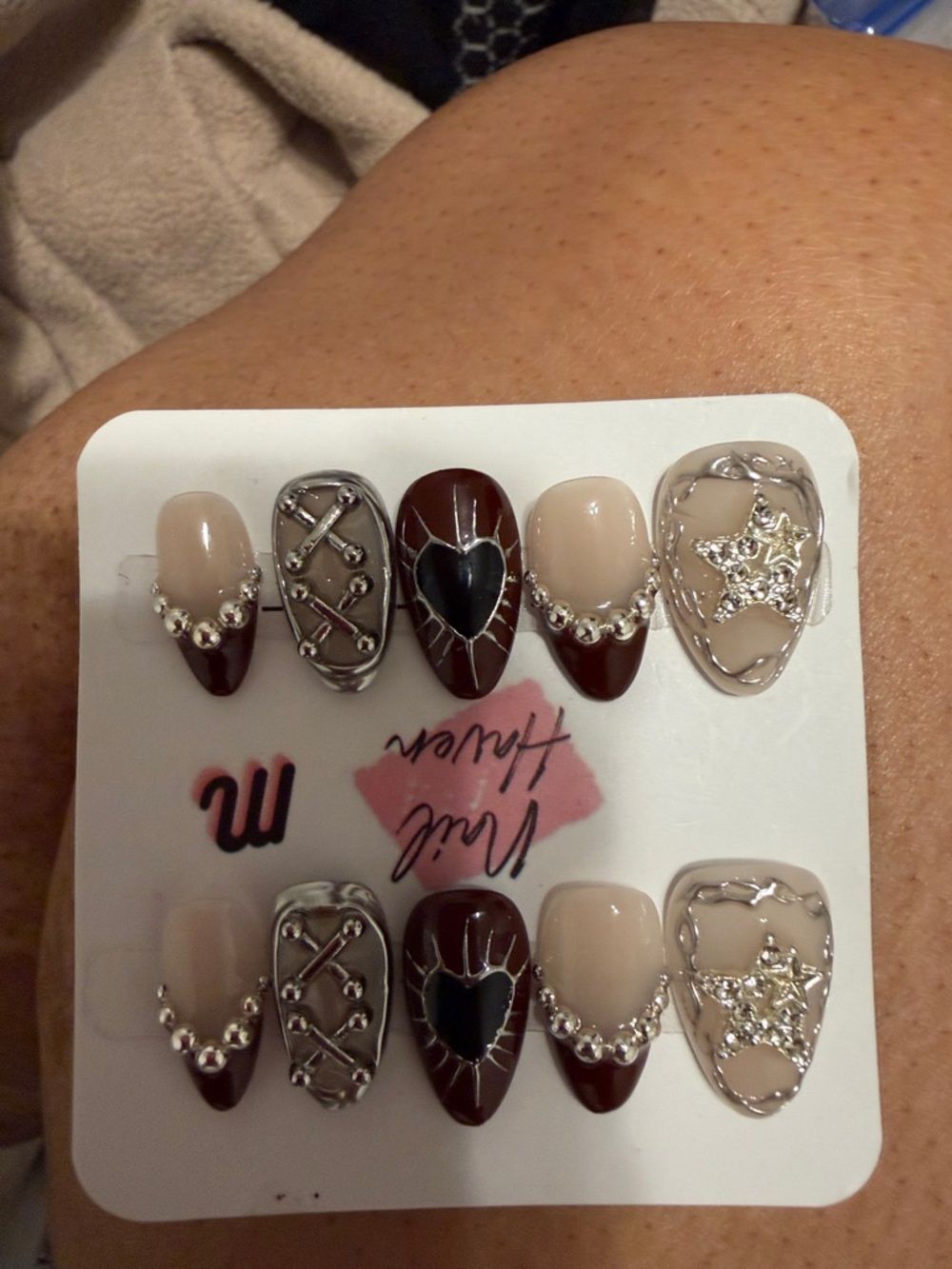 Nude & Burgundy Decorative Press-On Nail Set with Silver Accents